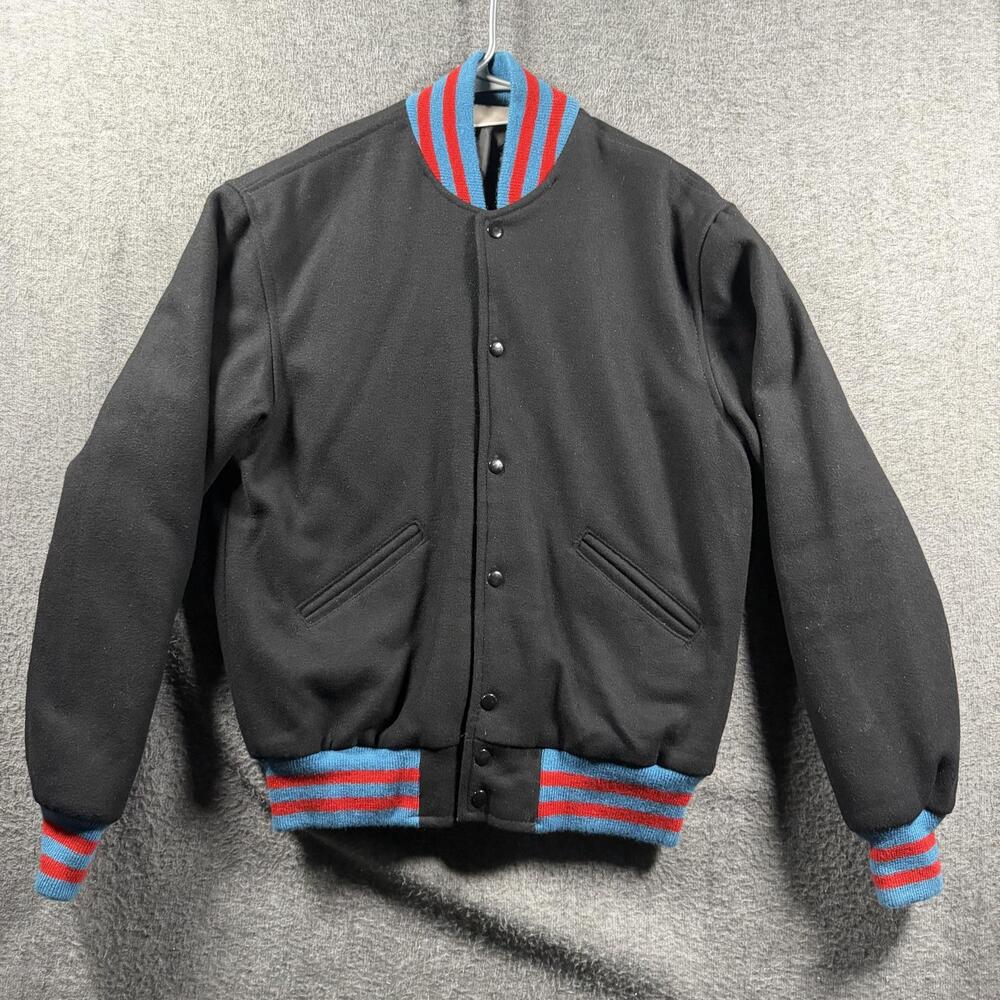 Balfour Jacket Mens Small Black Red Wool Varsity Quilted Lining Striped Trim